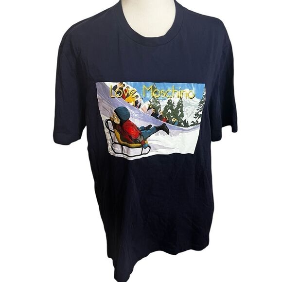 Love Moschino women men Blue Graphic T-Shirt extra large snow sled - Picture 2 of 11